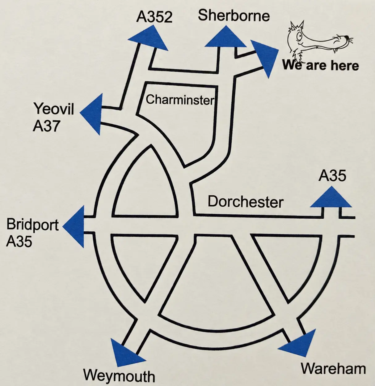 Simplified road map showing Wolfedale Golf Course near Charminster, north of Dorchester